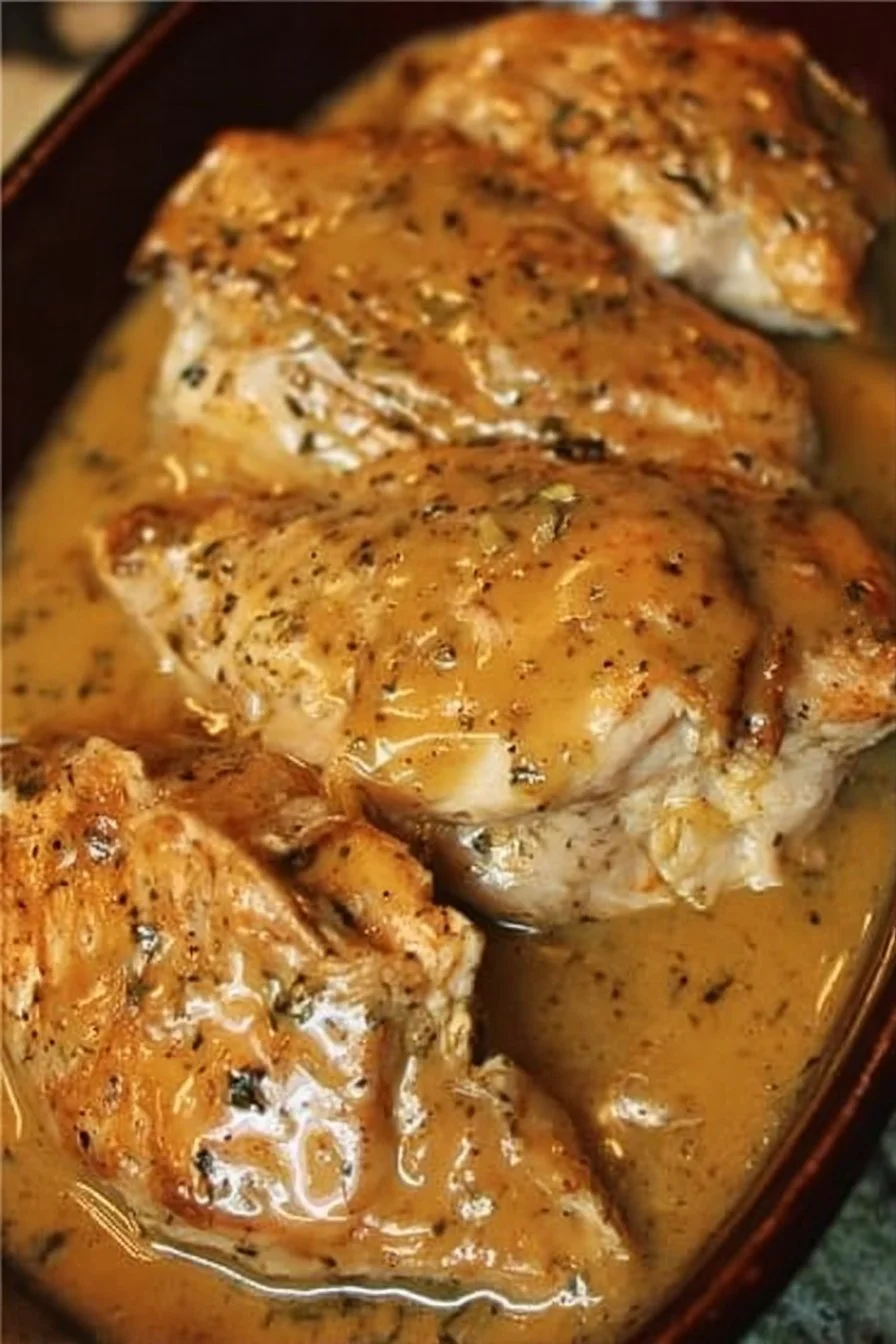 Low Cooker Chicken Breasts served with rich gravy on a plate