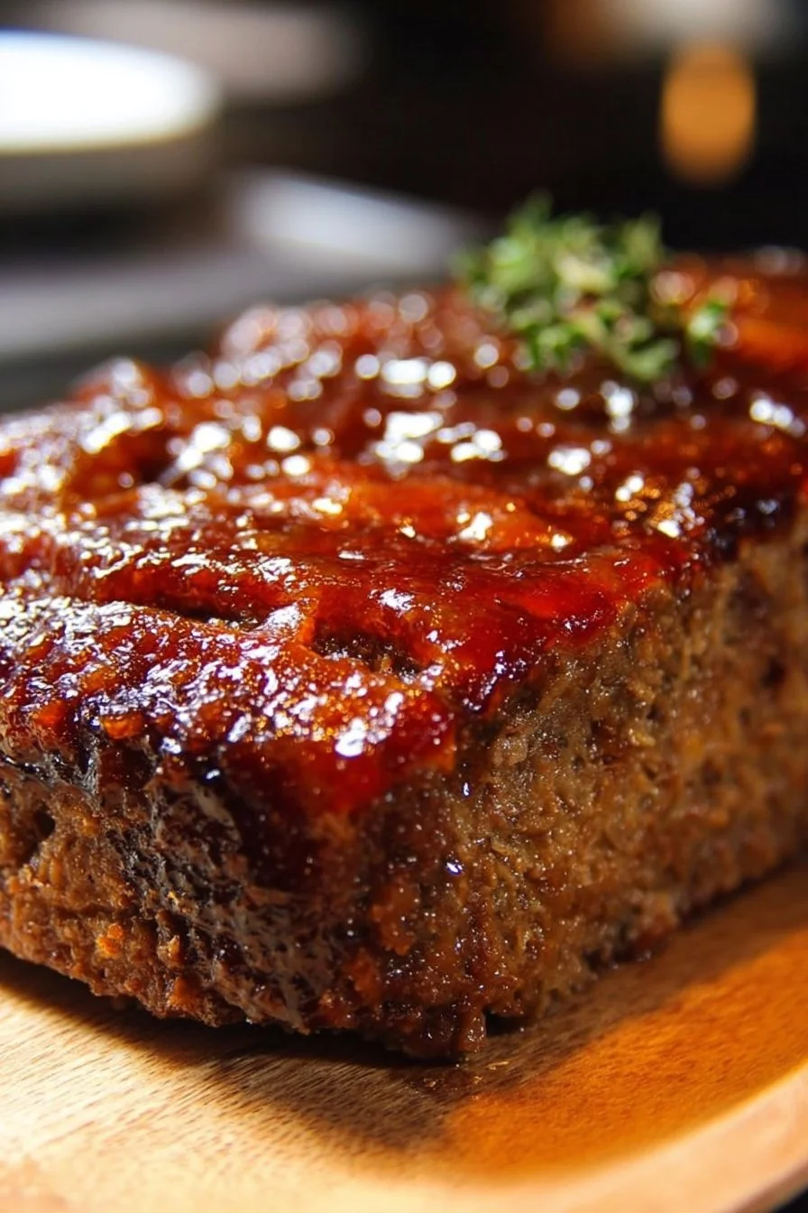 Meatloaf topped with a sweet brown sugar glaze on a white plate