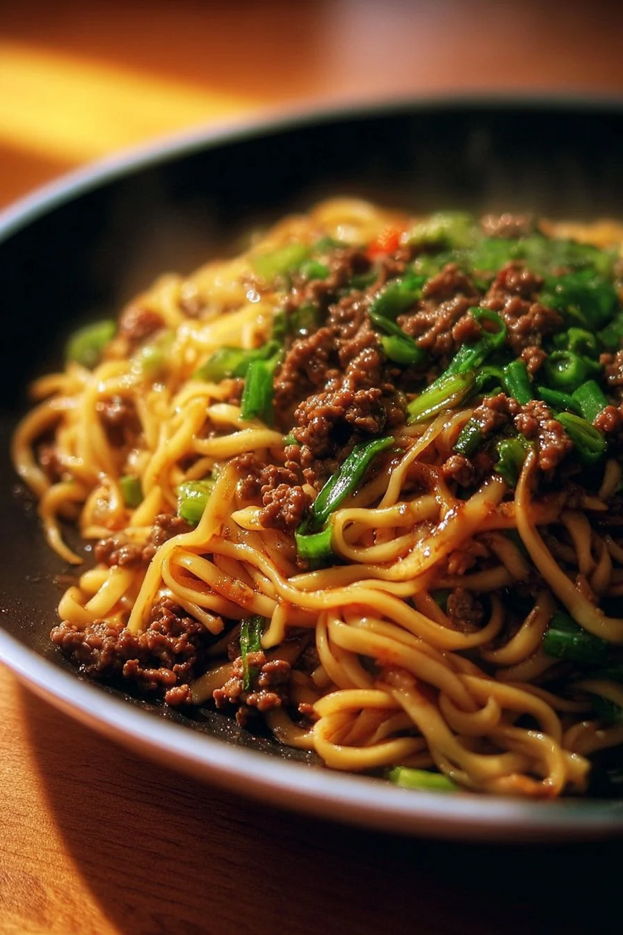Mongolian ground beef noodles served in a bowl with fresh vegetables