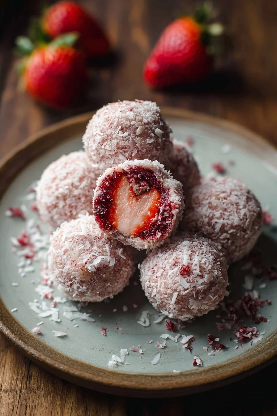 No-Bake Strawberry Cheesecake Protein Balls 2 No-bake strawberry cheesecake protein balls on a plate