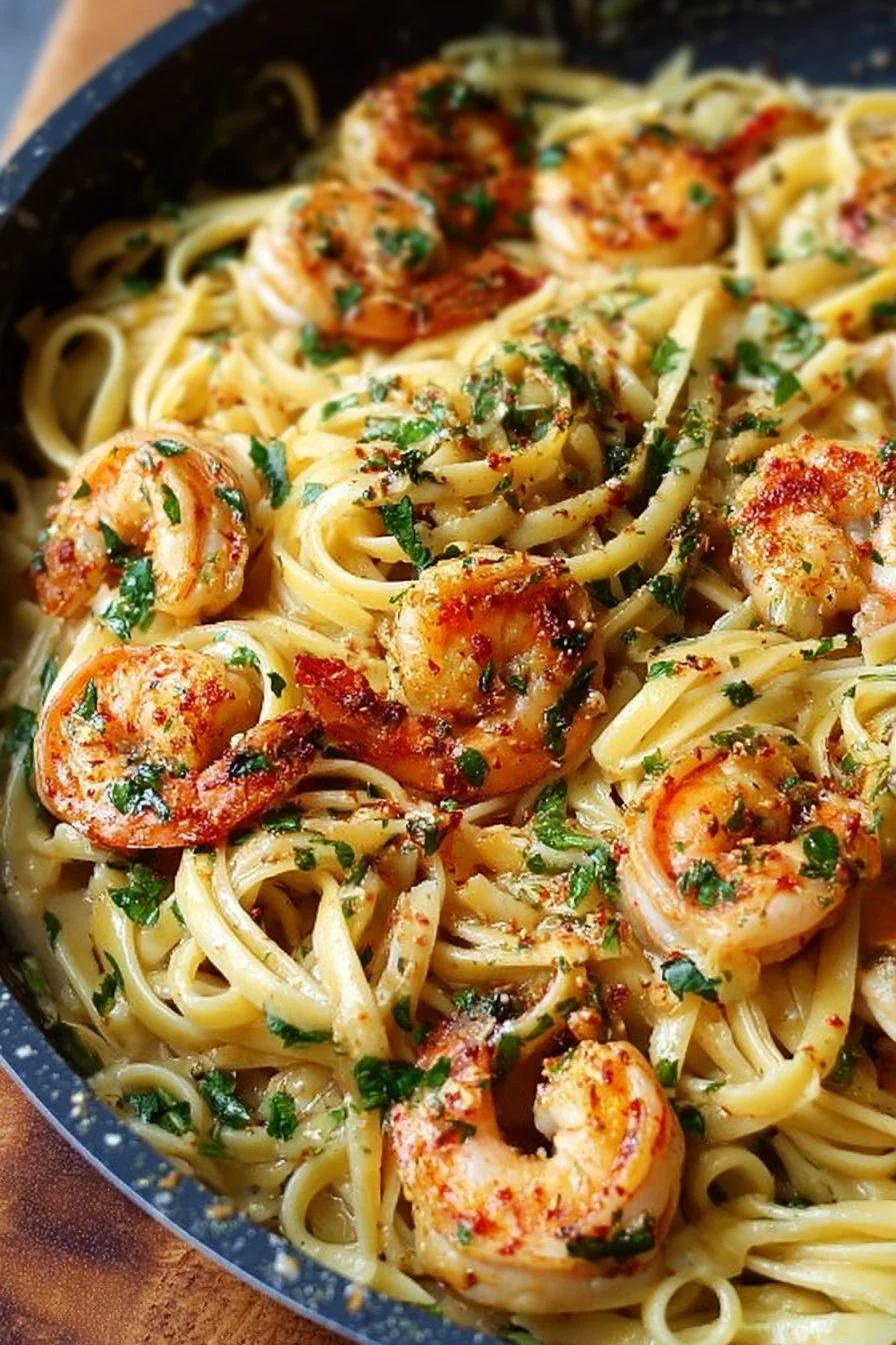 Plate of Old Bay Garlic Shrimp Pasta garnished with herbs