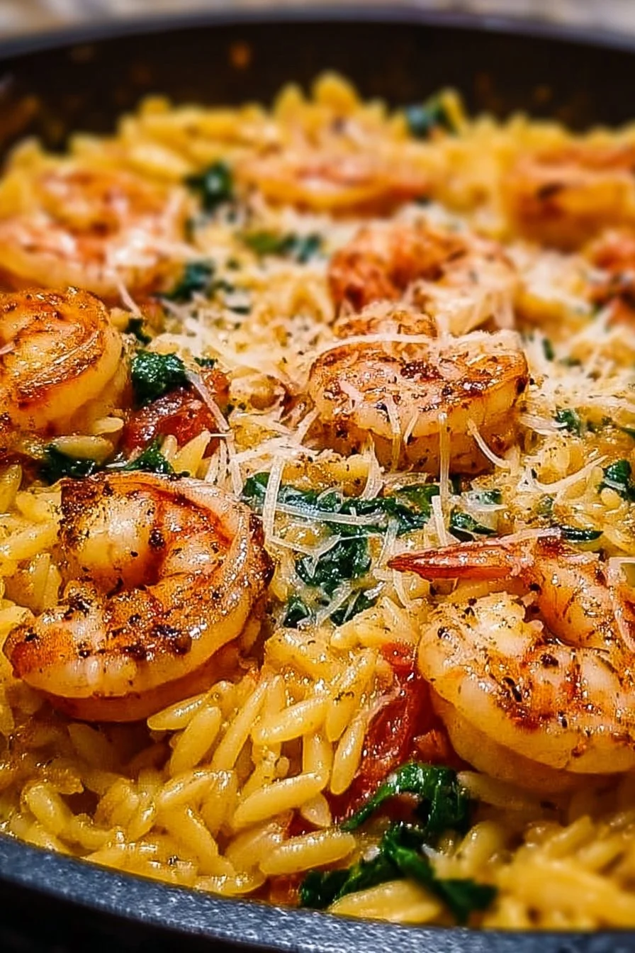 One Pan Parmesan Orzo with Shrimp served in a skillet