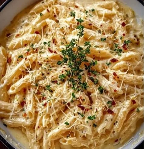 Bowl of creamy garlic parmesan pasta topped with herbs and parmesan cheese