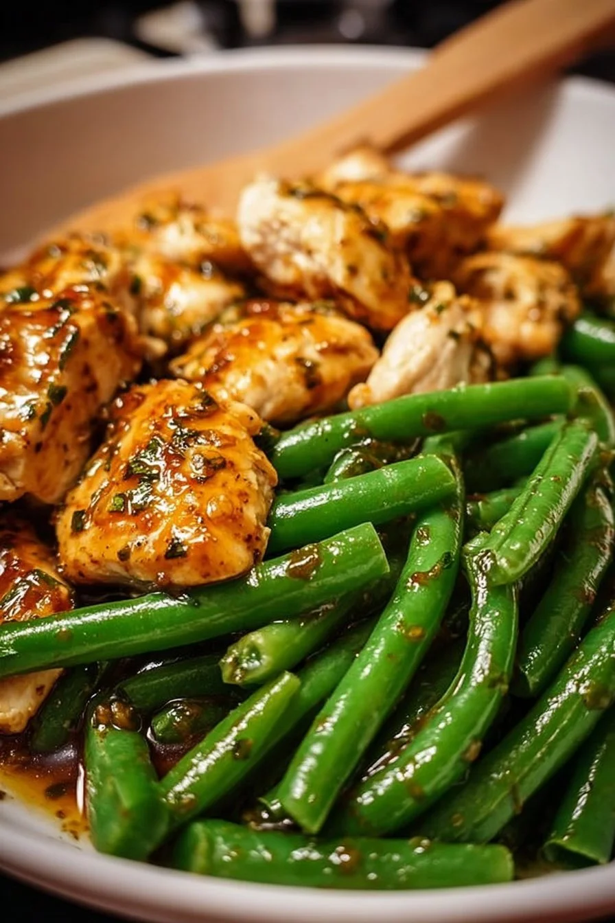 Quick chicken breast cooked with green beans for a healthy meal.