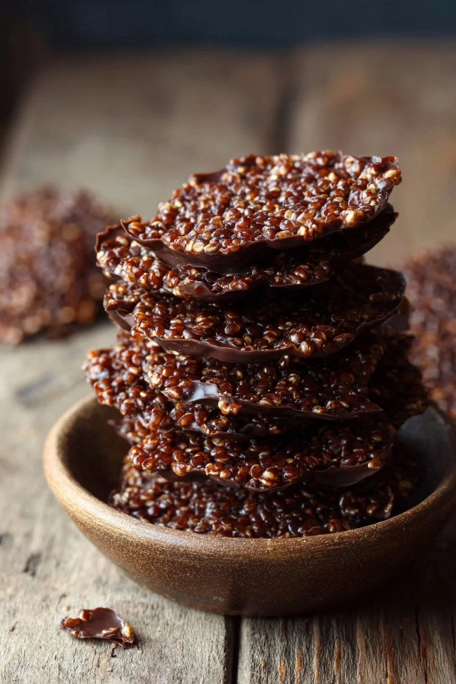A bowl of crunchy quinoa chocolate crisps, a healthy snack option.