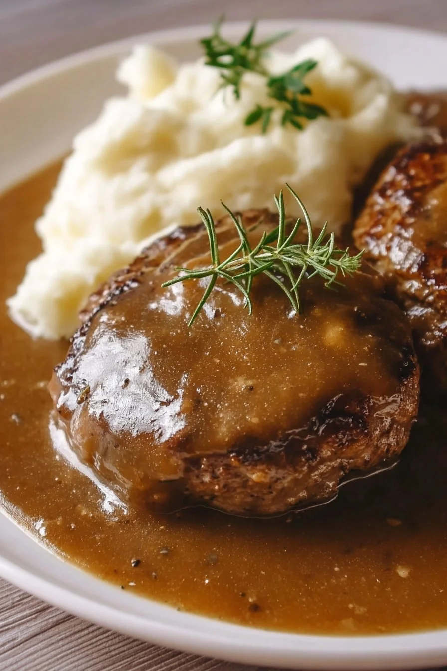 Delicious Salisbury steak served with rich gravy on a plate.