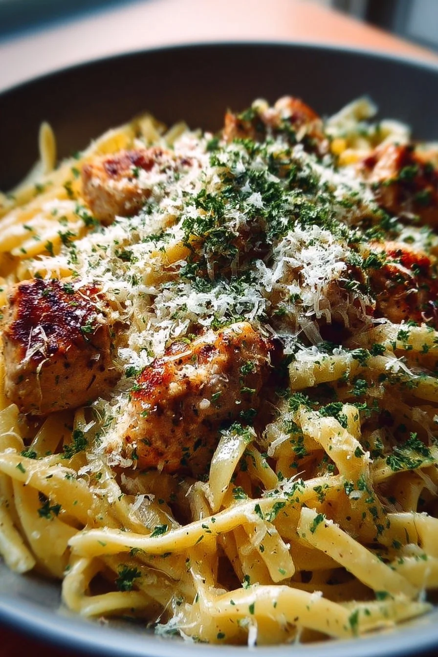 Savory chicken pasta dish with garlic and Parmesan cheese