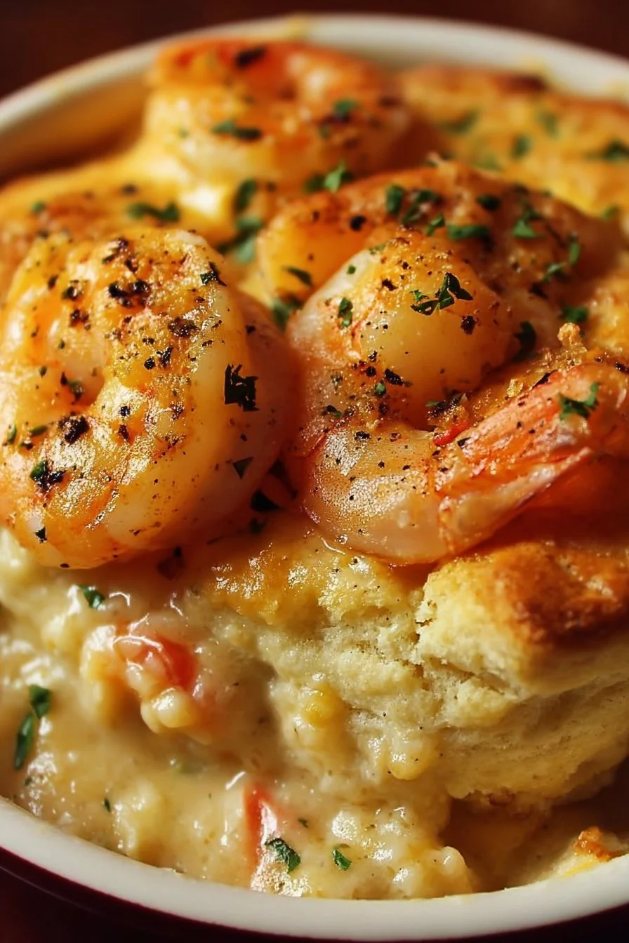Shrimp and Lobster Cheddar Bay Biscuit Pot Pie topped with fluffy biscuits