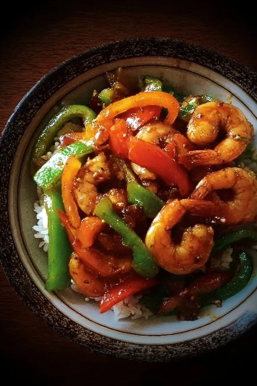 Shrimp and pepper stir fry dish served in a bowl