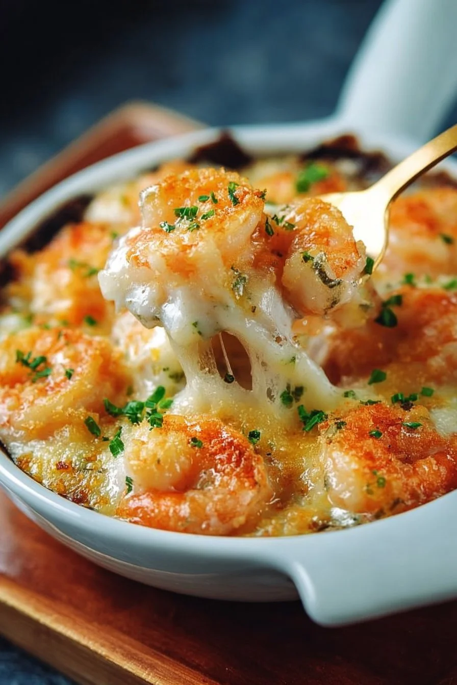 Delicious shrimp casserole served in a baking dish garnished with herbs