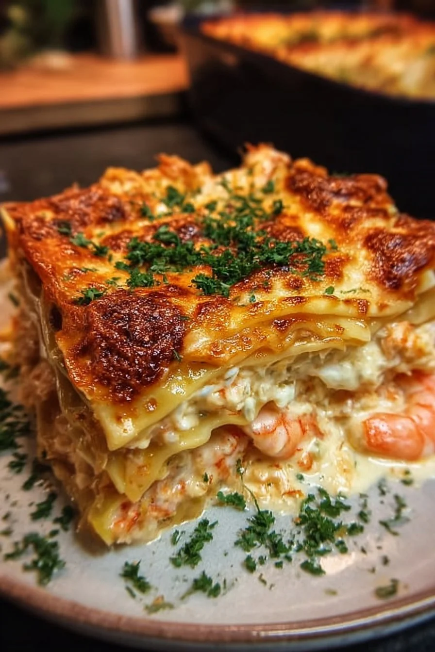 Delicious Shrimp Crab Lasagna with layers of seafood and creamy cheese sauce