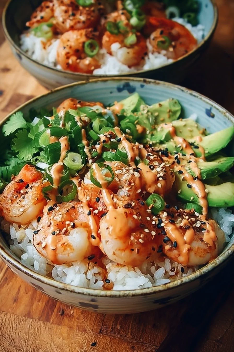 Shrimp rice bowls with spicy mayo, garnished with vegetables and herbs.