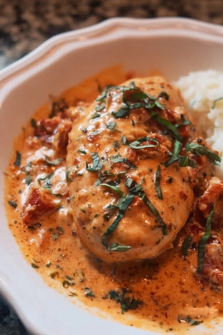 Slow cooker creamy tomato basil chicken breast garnished with fresh basil.