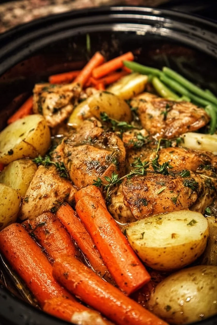 Slow cooker garlic butter chicken served with mixed vegetables.