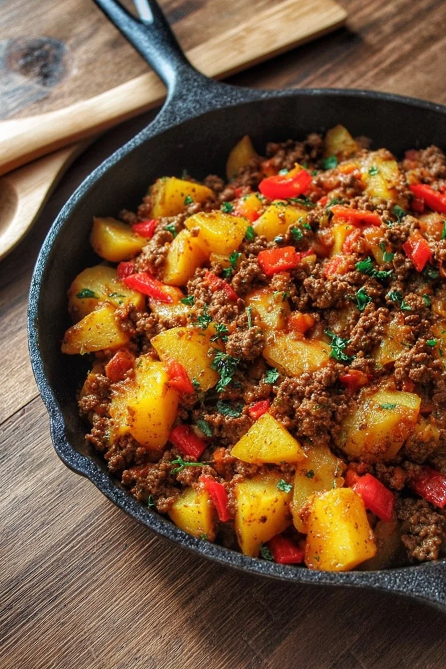 Southwest ground beef and potato skillet served in a dish
