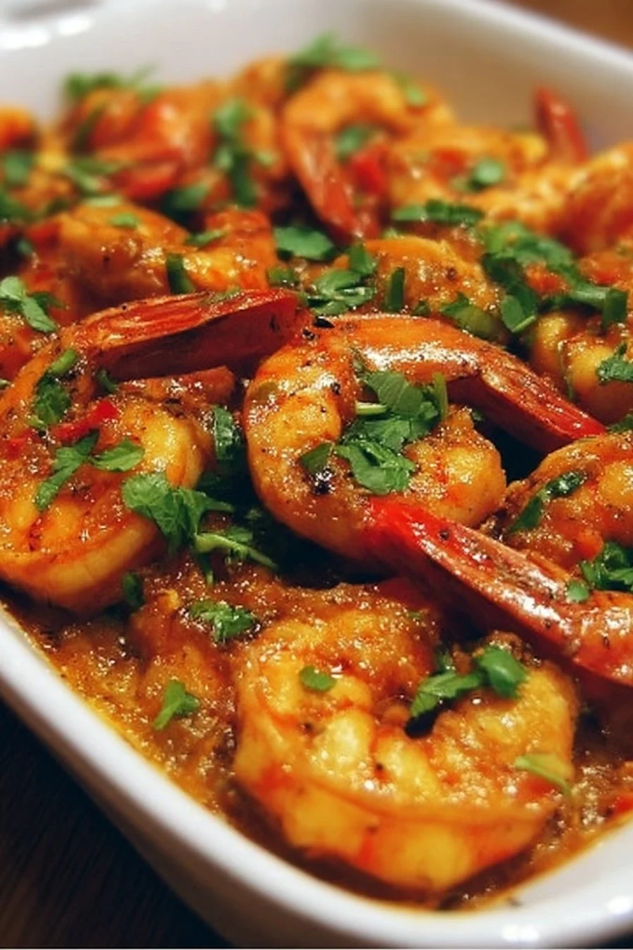 Delicious plate of spicy voodoo shrimp garnished with herbs