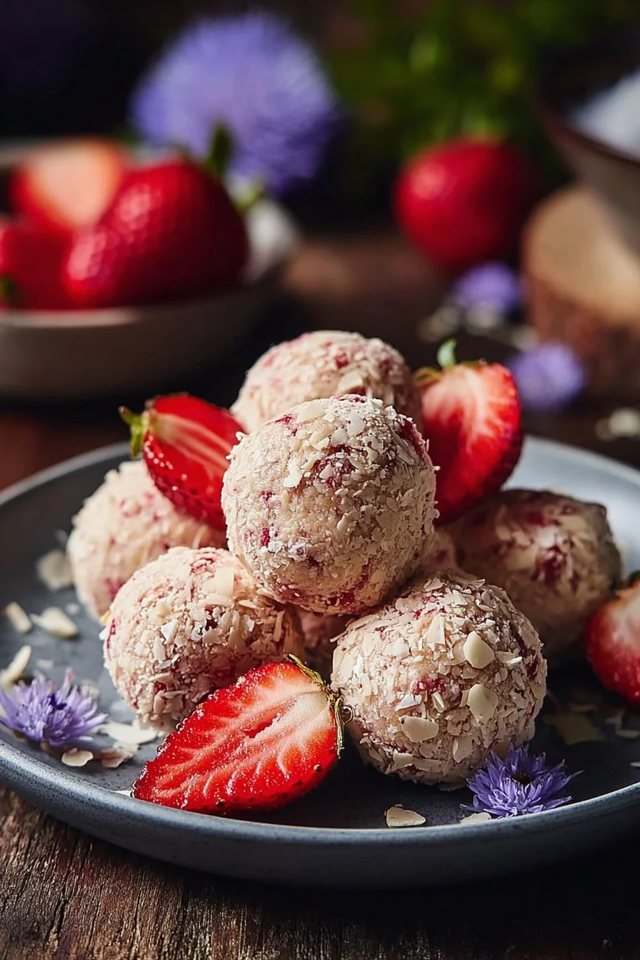 Delicious strawberry cheesecake protein balls ready to enjoy
