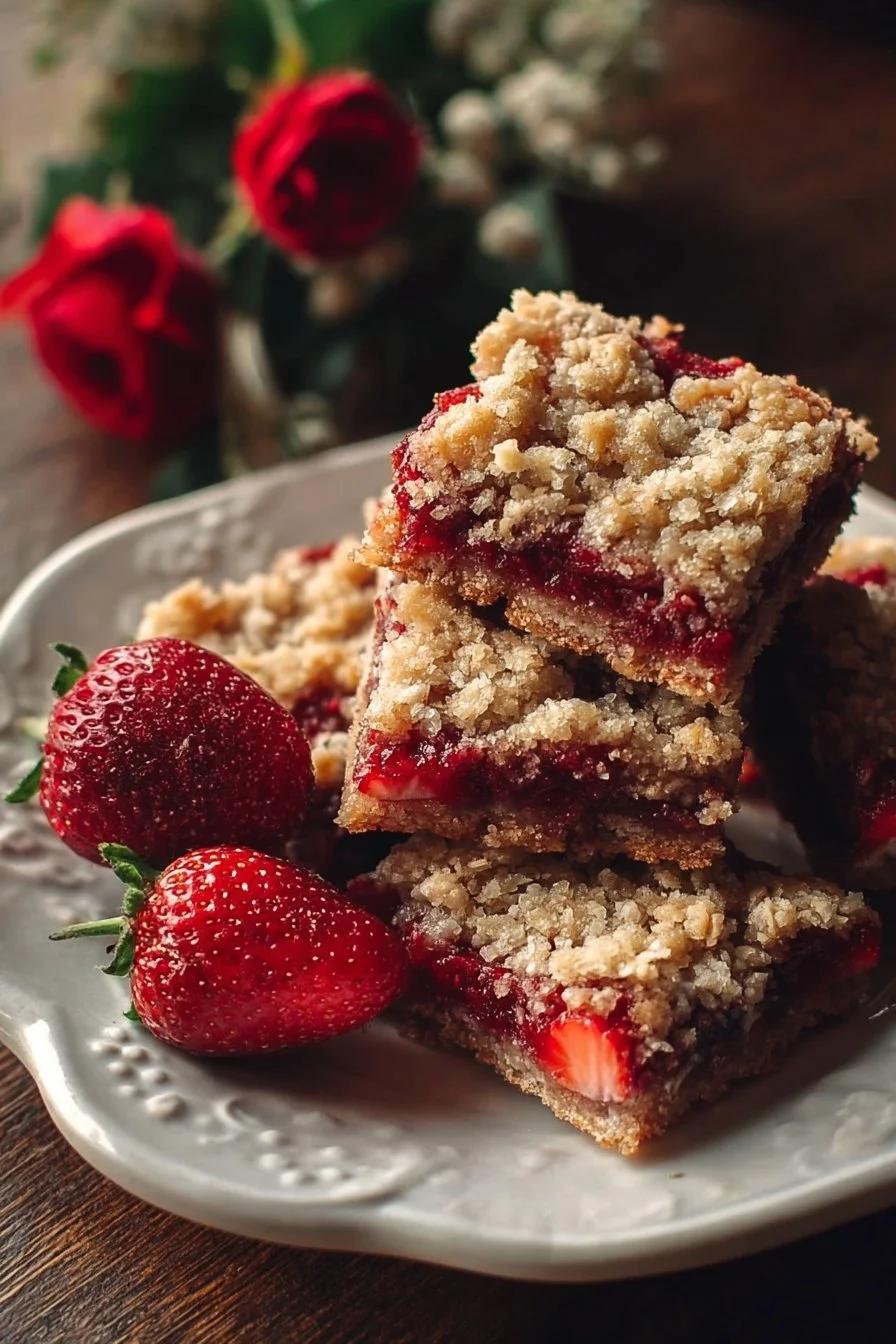 Strawberry Oatmeal Bars 2 Delicious homemade strawberry oatmeal bars displayed on a wooden table