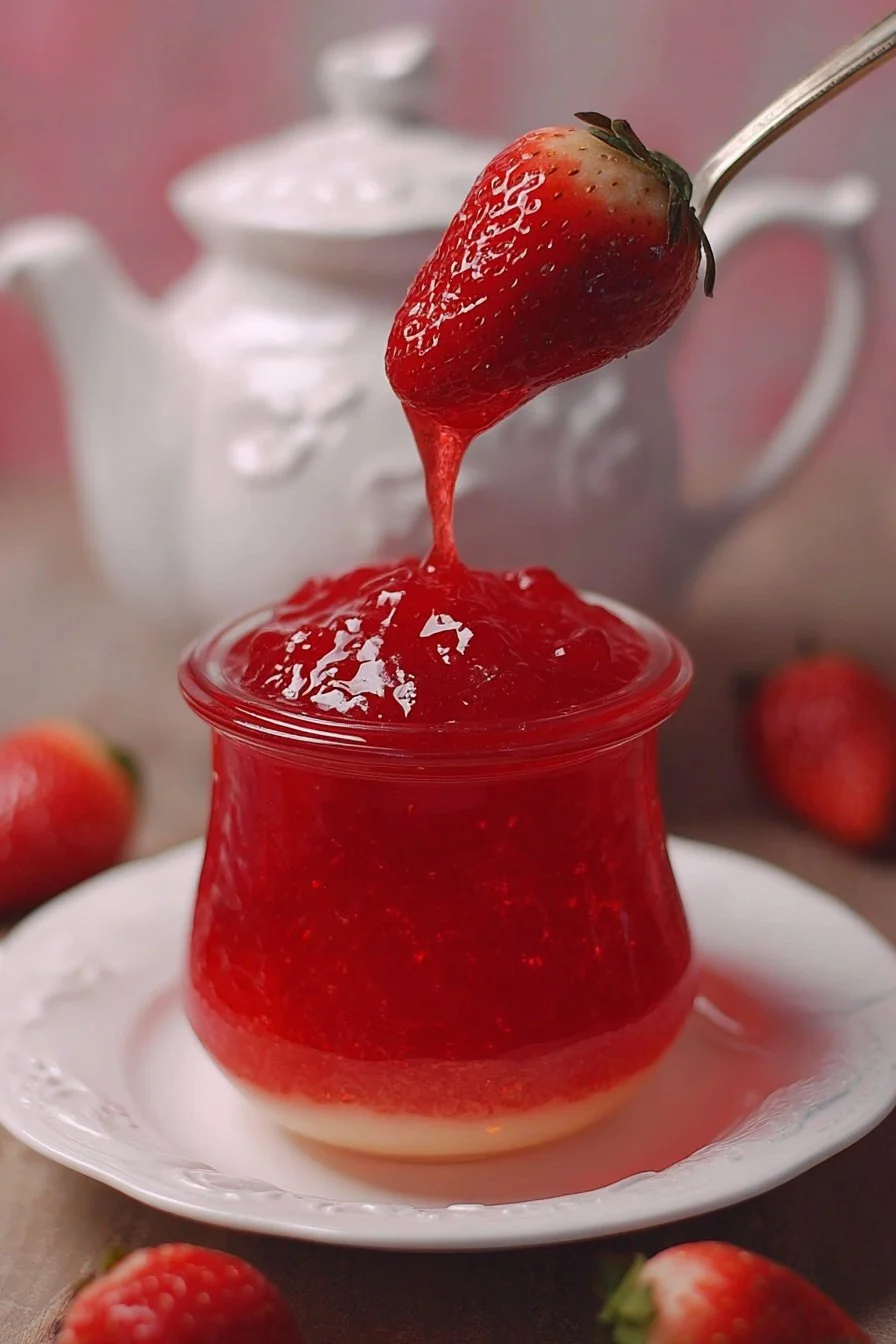 Homemade strawberry sauce poured over dessert