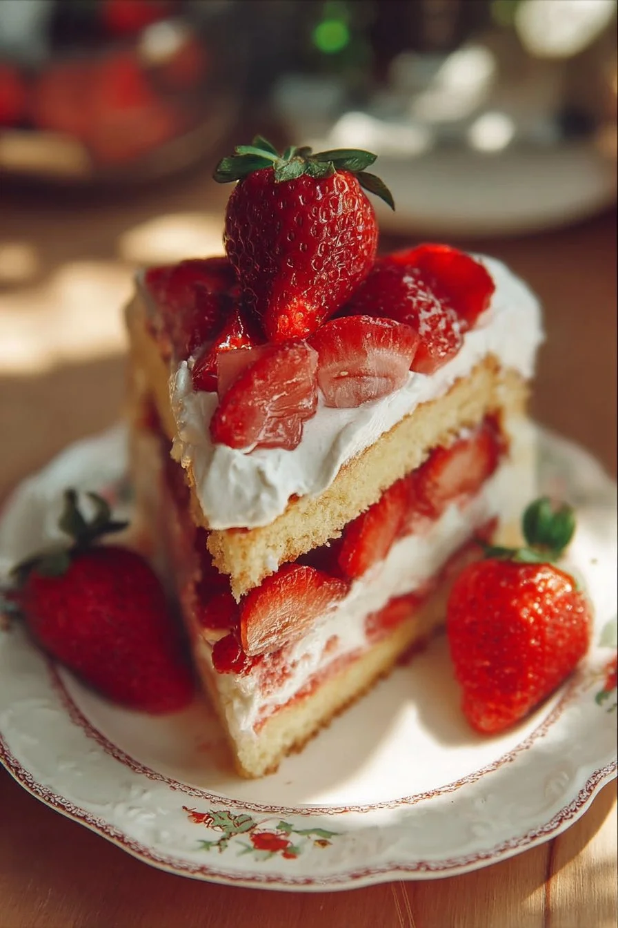 Delicious strawberry shortcake topped with fresh strawberries and whipped cream