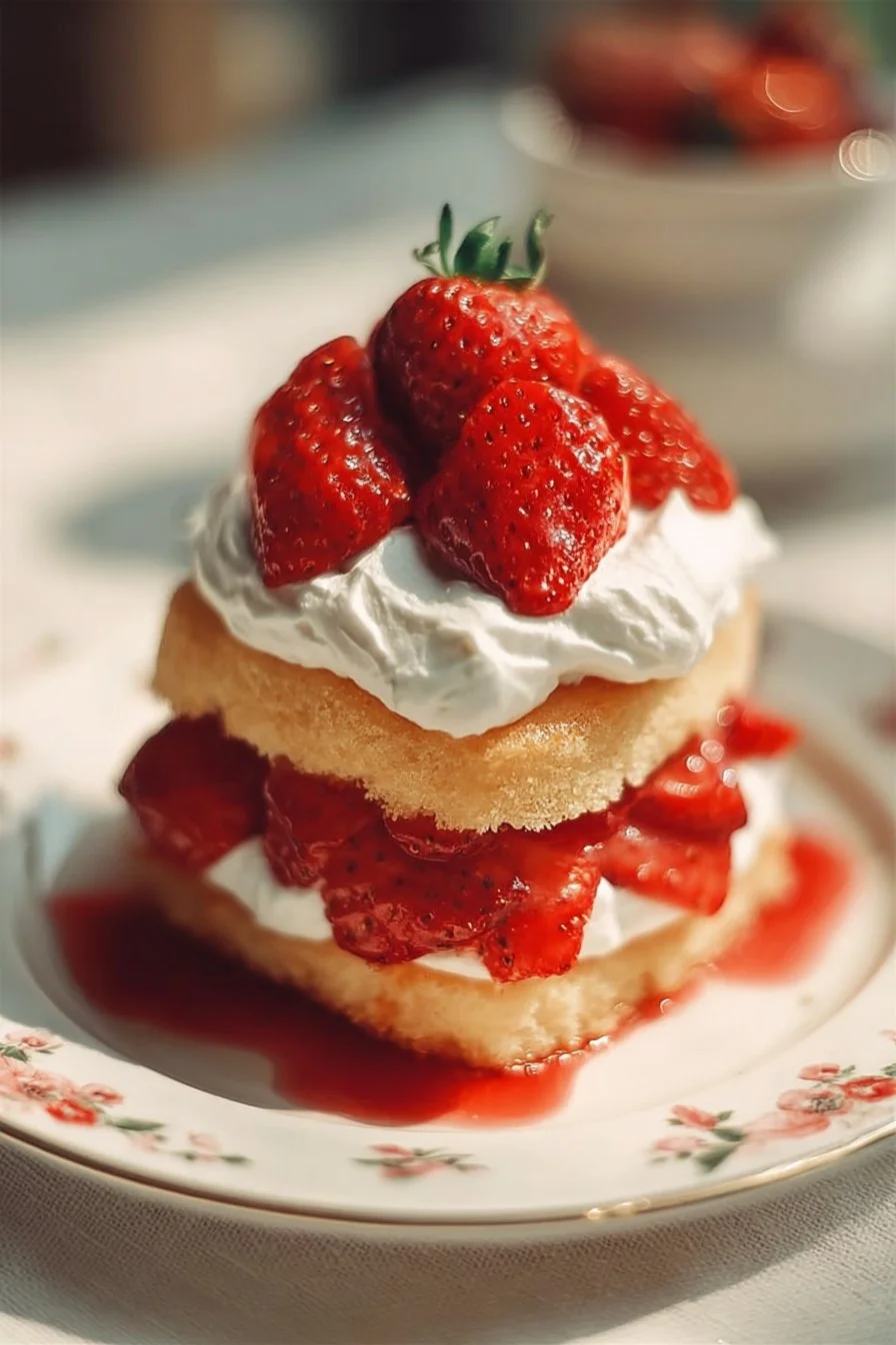 Delicious homemade Strawberry Shortcake with fresh strawberries and cream.