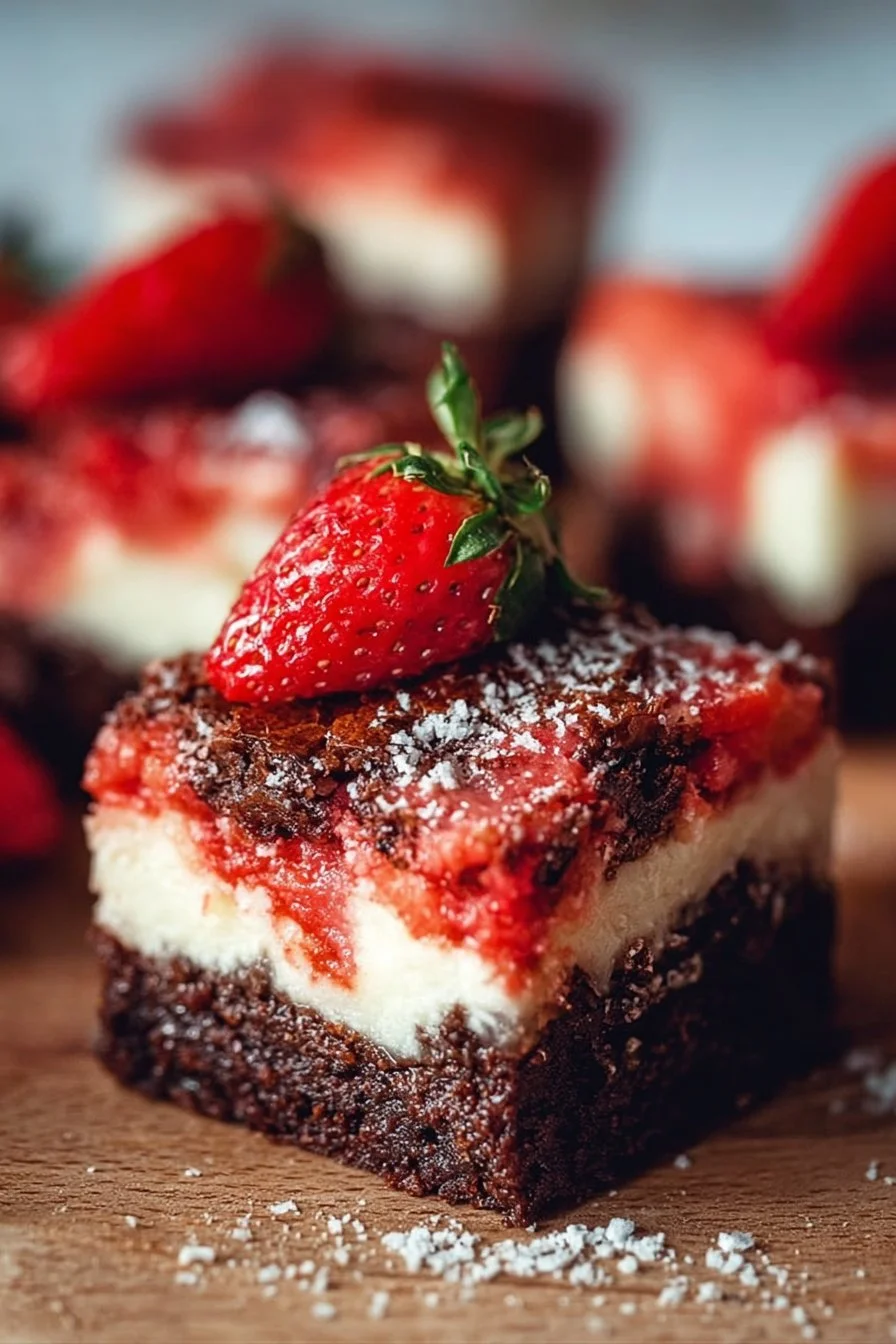 Delicious Strawberry Shortcake Brownies topped with fresh strawberries.