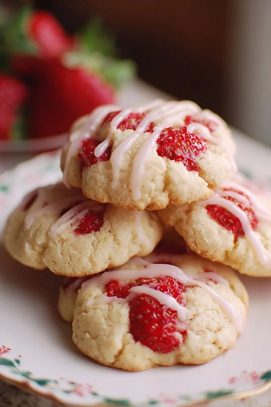 Strawberry shortcake cookies with fresh strawberries and whipped cream topping.