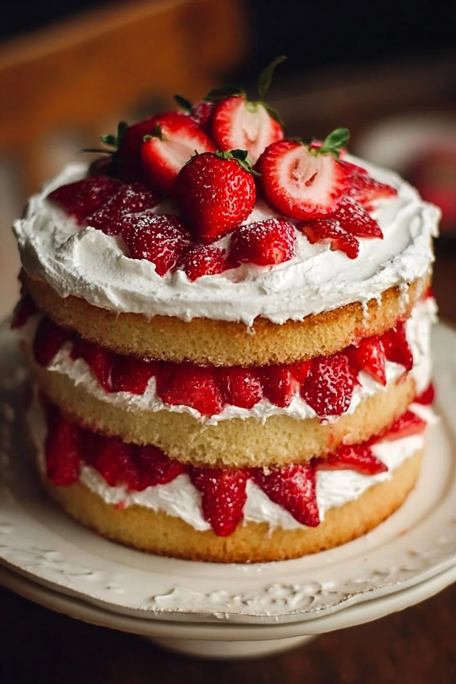 Strawberry Shortcake Layer Cake 2 Delicious Strawberry Shortcake Layer Cake with fresh strawberries and cream