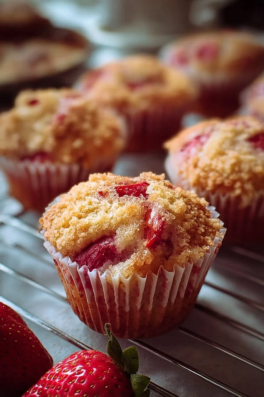 Delicious strawberry shortcake muffins topped with fresh strawberries