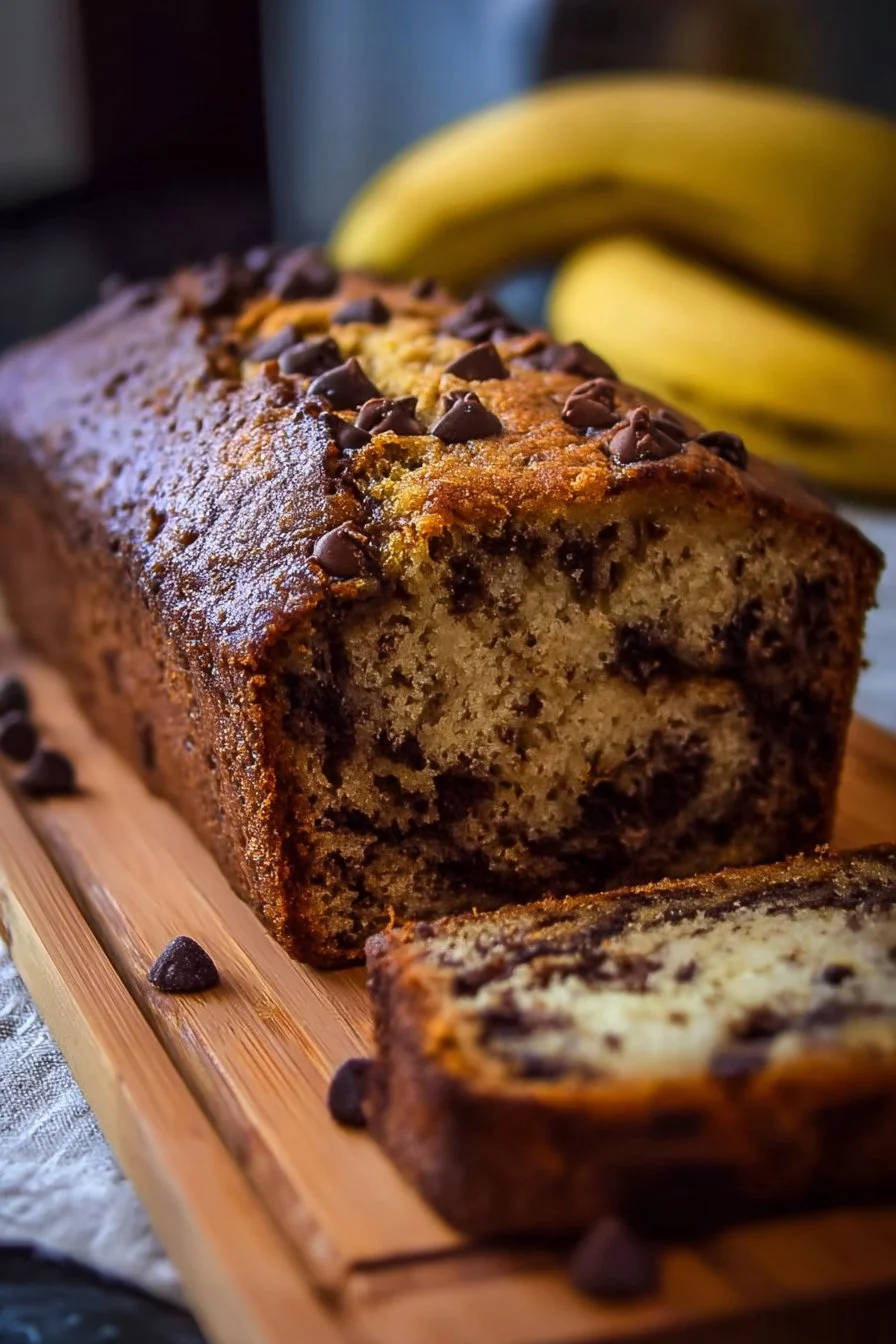 Slice of super moist chocolate chip banana bread with chocolate chips