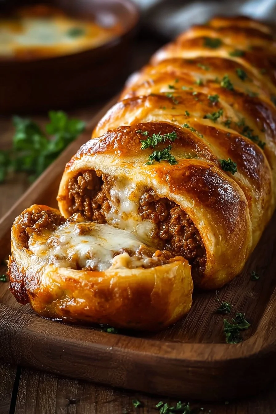Ultimate Cheesy Ground Beef Roll topped with melted cheese and herbs
