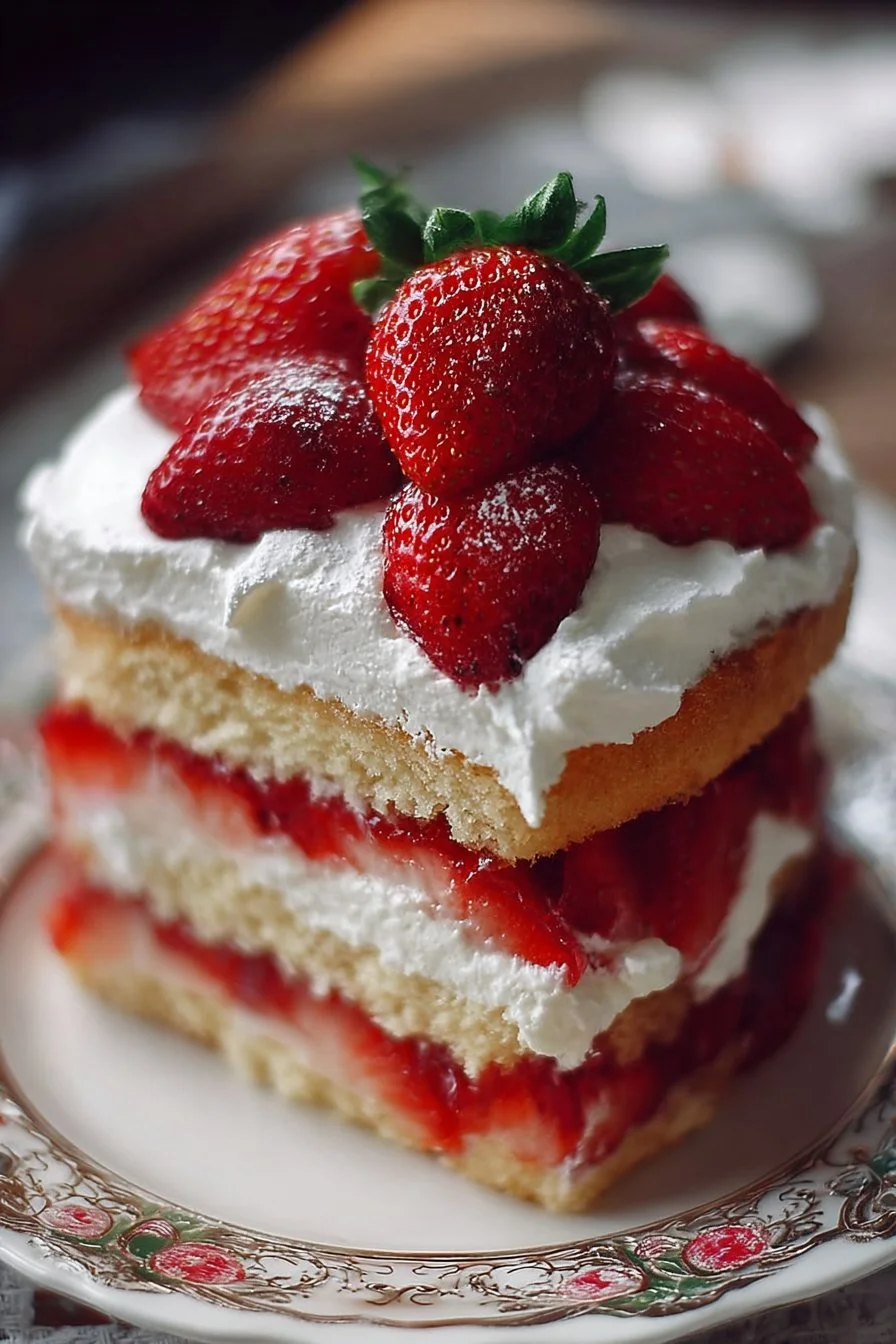 Delicious strawberry shortcake cake with fresh strawberries and whipped cream