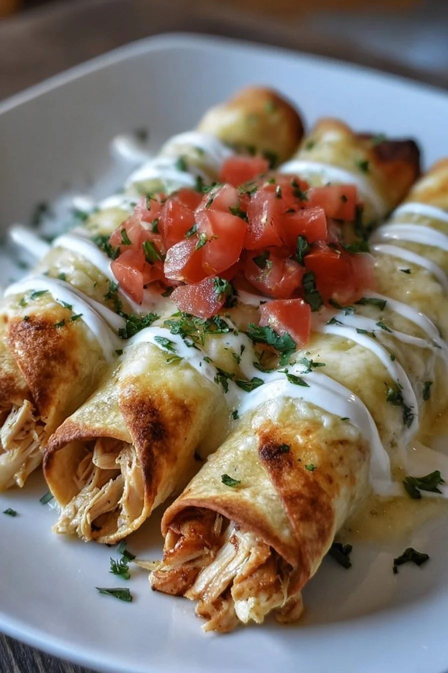 Cream cheese chicken taquitos served with dips and garnishes