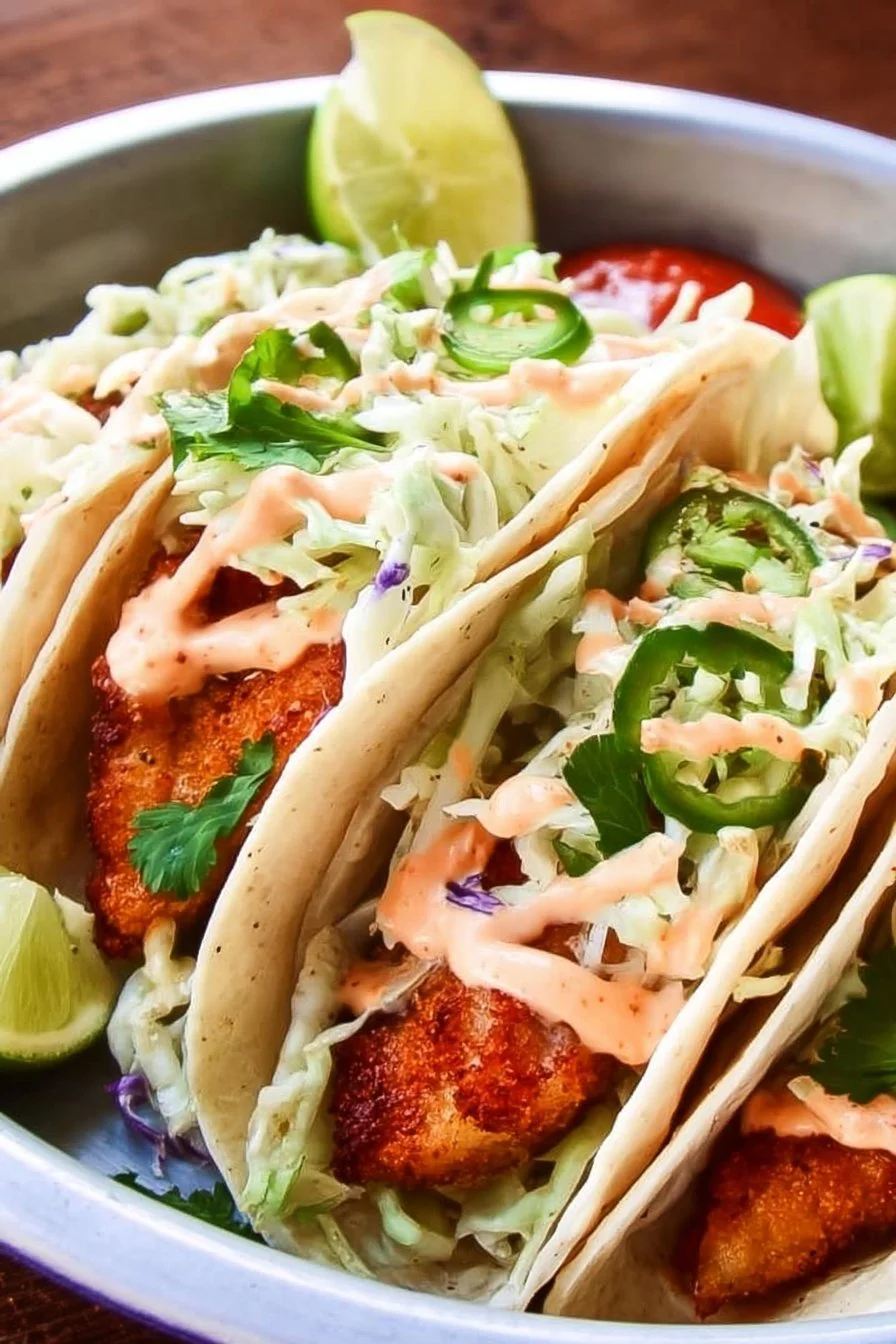 Plate of Baja Fish Tacos with crispy fish, fresh toppings, and zesty sauce