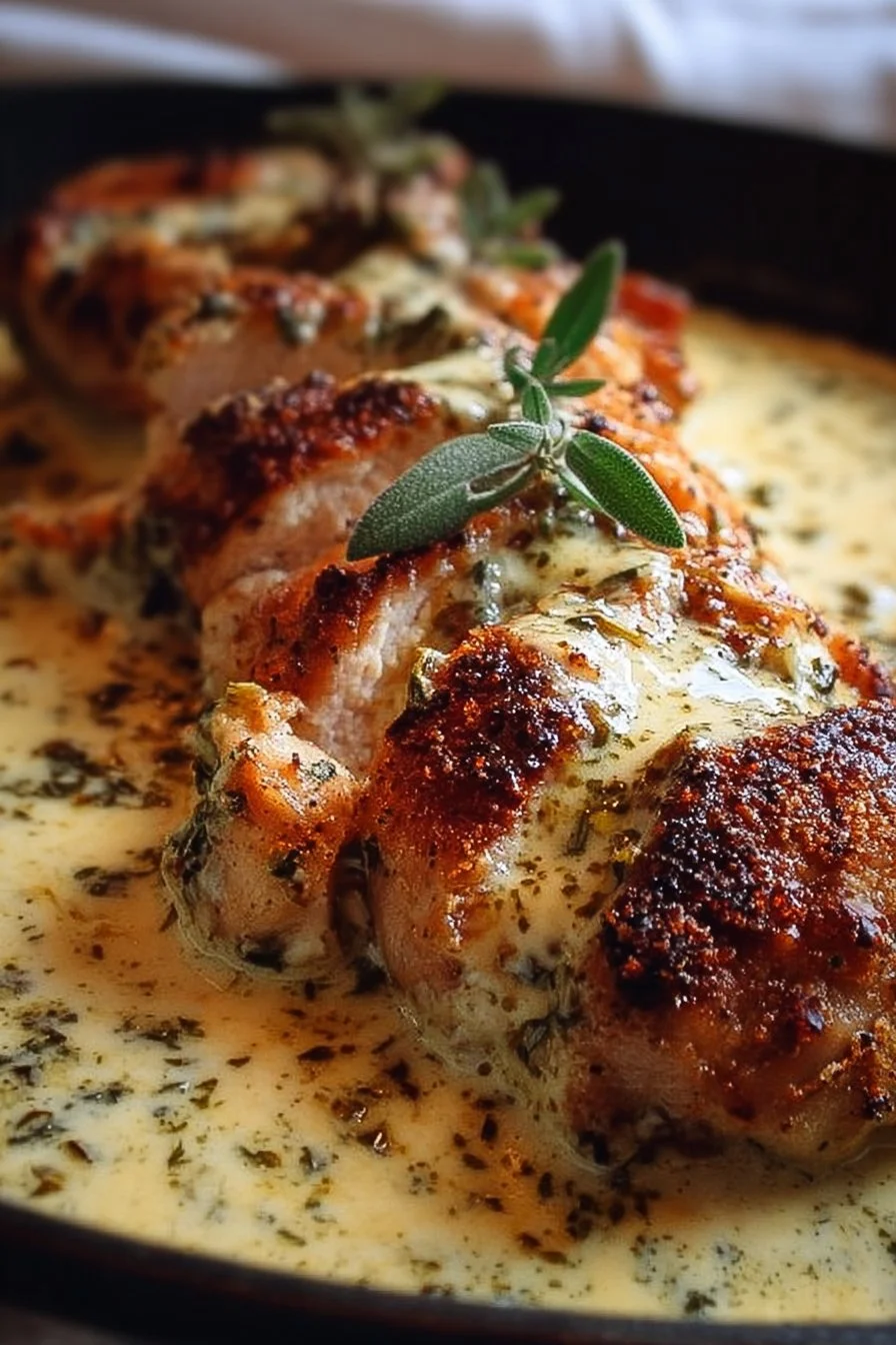 Baked Caesar Chicken topped with Creamy Parmesan Sauce served on a plate.