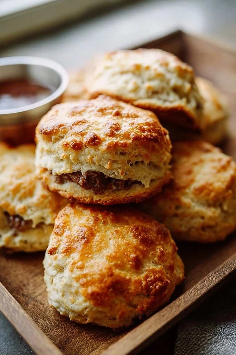 Baked French Dip Biscuits 2 Baked French dip biscuits with rich au jus for dipping