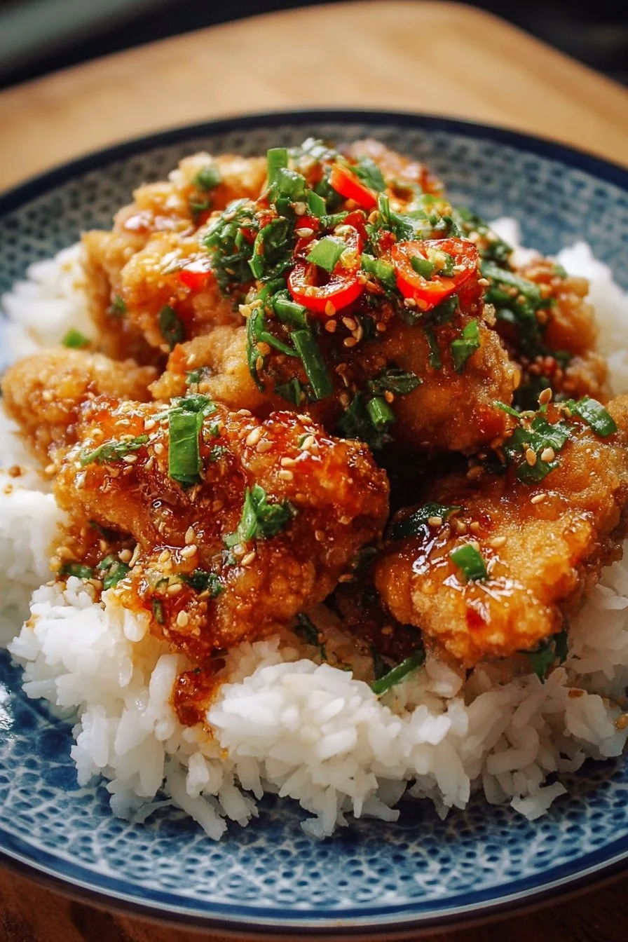 Delicious Bang Bang Chicken served with creamy sauce and garnished with green onions.