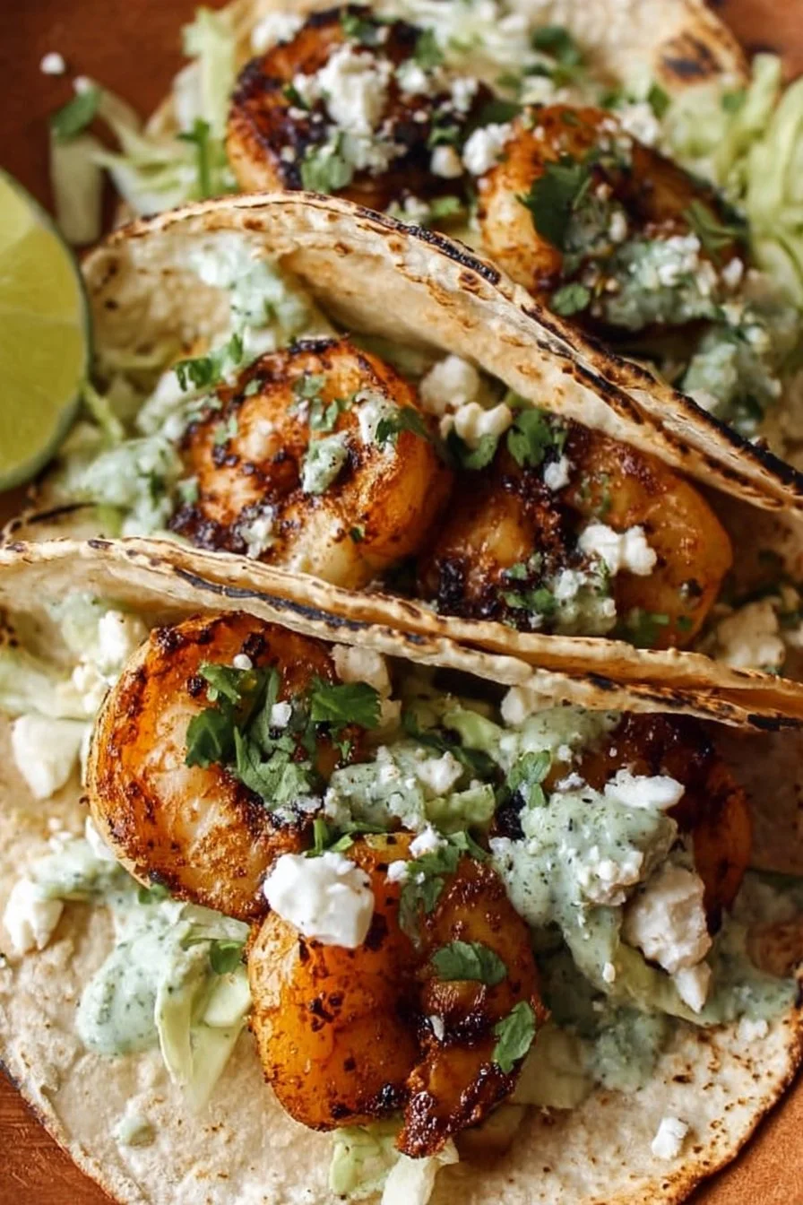 Delicious shrimp tacos topped with fresh ingredients and served on a plate.