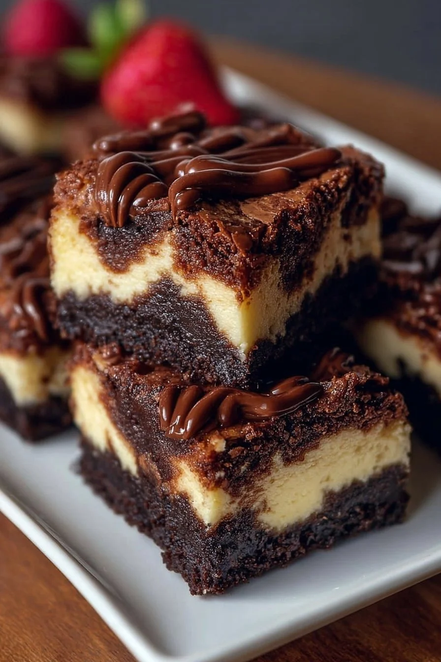 Delicious brownie cheesecake bars with a fudgy base and creamy topping