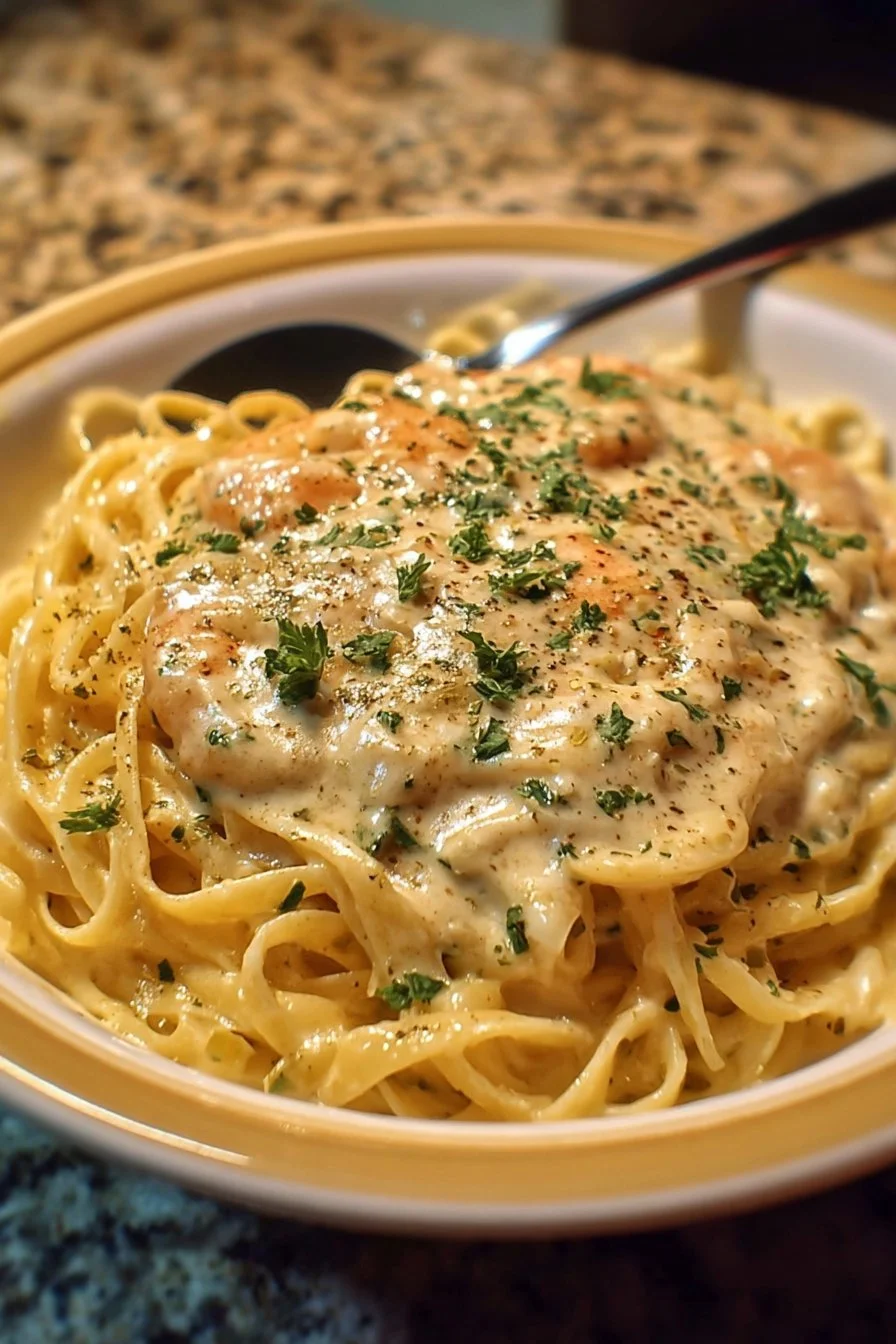 Delicious Cajun Alfredo sauce served over fettuccine pasta.