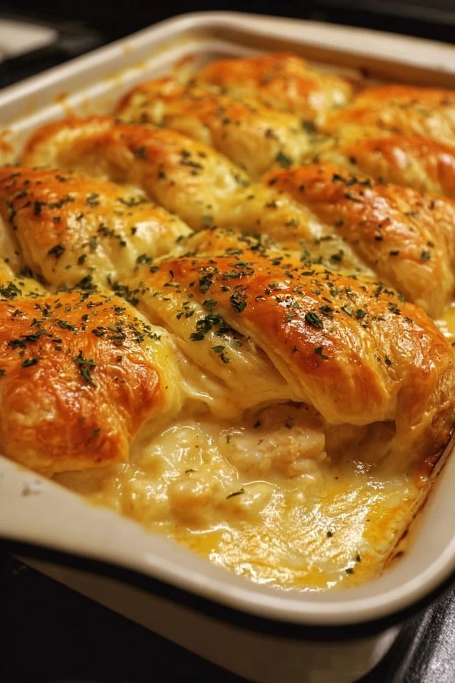 Delicious Cheesy Chicken Crescent Bake served on a plate