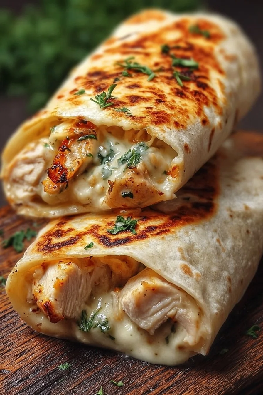 Cheesy chicken garlic wraps filled with tender chicken and flavorful cheese