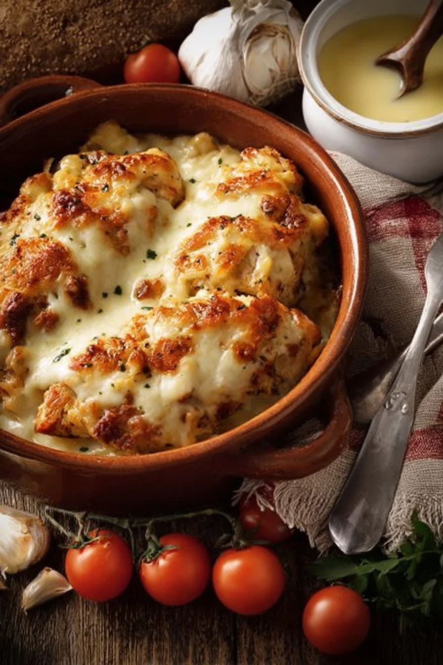 Cheesy Mozzarella Chicken Bake, a delicious chicken dish topped with melted mozzarella cheese