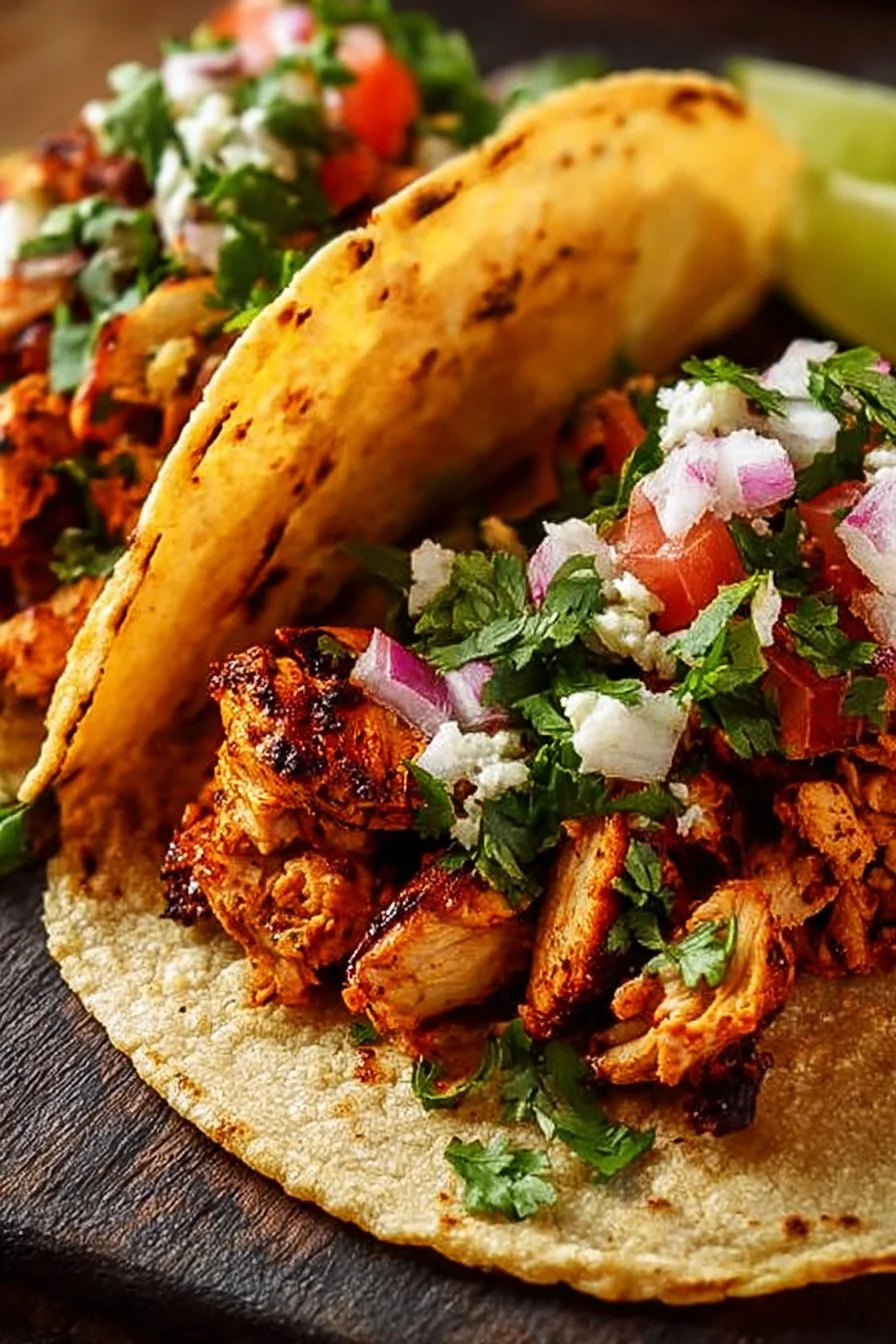 Delicious chicken street tacos with fresh toppings and vibrant colors