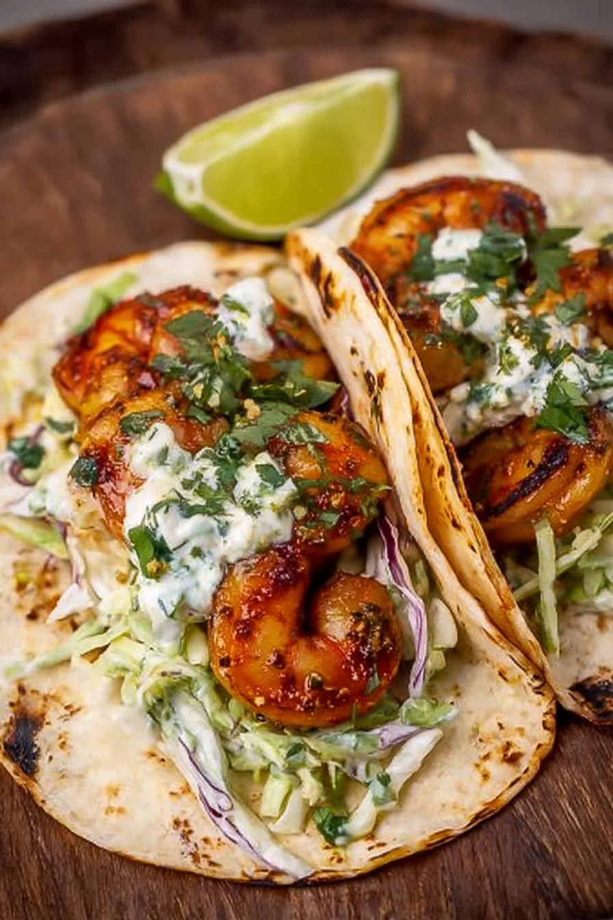 Cilantro lime shrimp tacos topped with creamy slaw on a rustic wooden table.