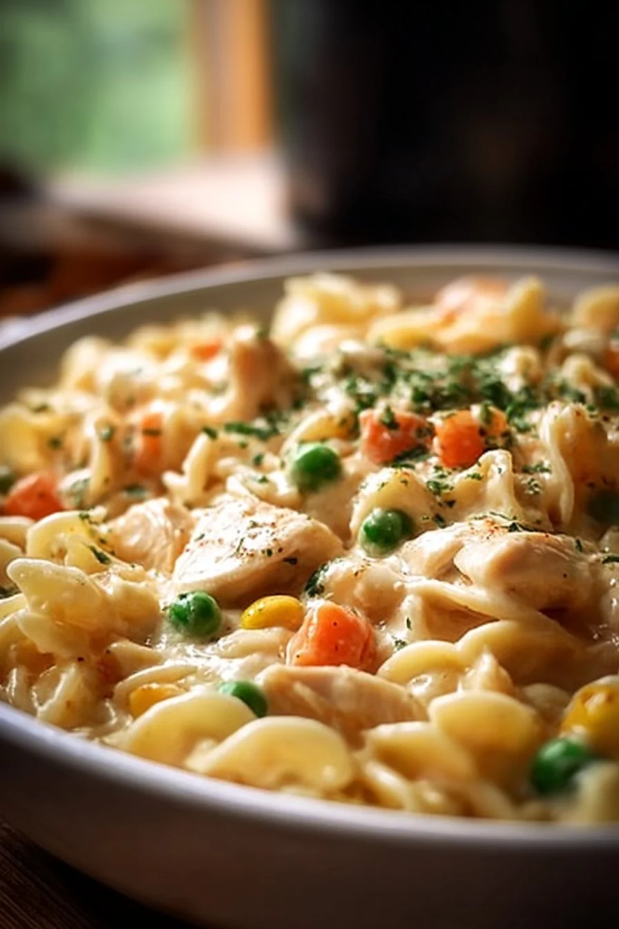 Bowl of Classic Chicken Pot Pie Pasta, featuring creamy sauce and tender chicken.