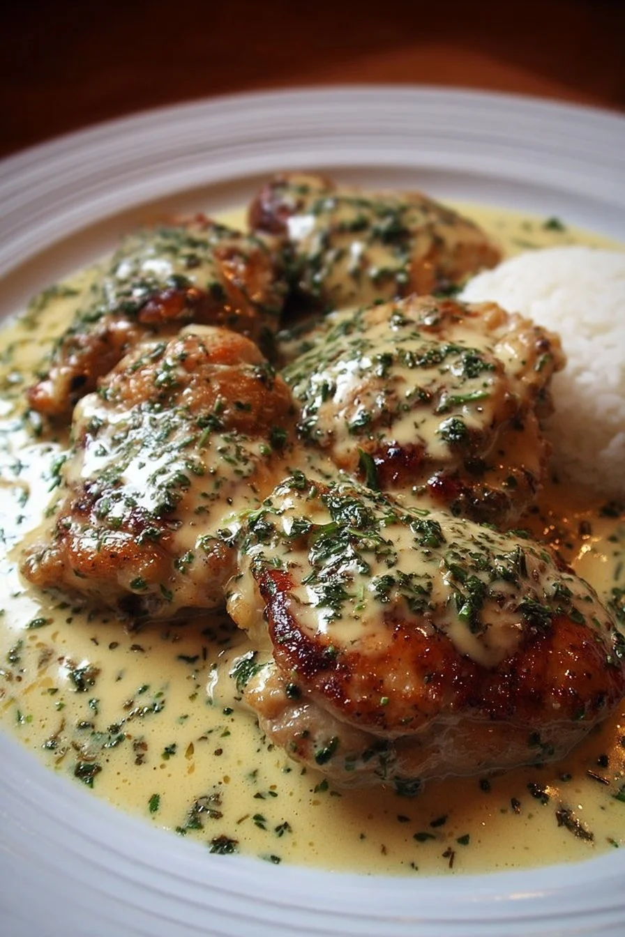 Creamy Garlic Chicken Thighs 2 Plate of creamy garlic chicken thighs garnished with herbs.