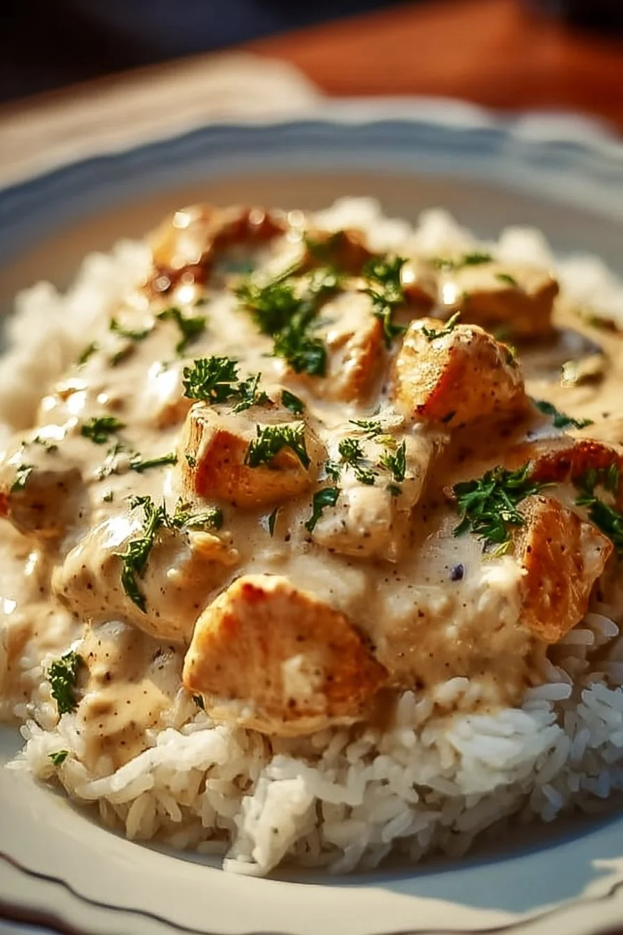 Creamy smothered chicken served over fluffy rice in a comforting dish