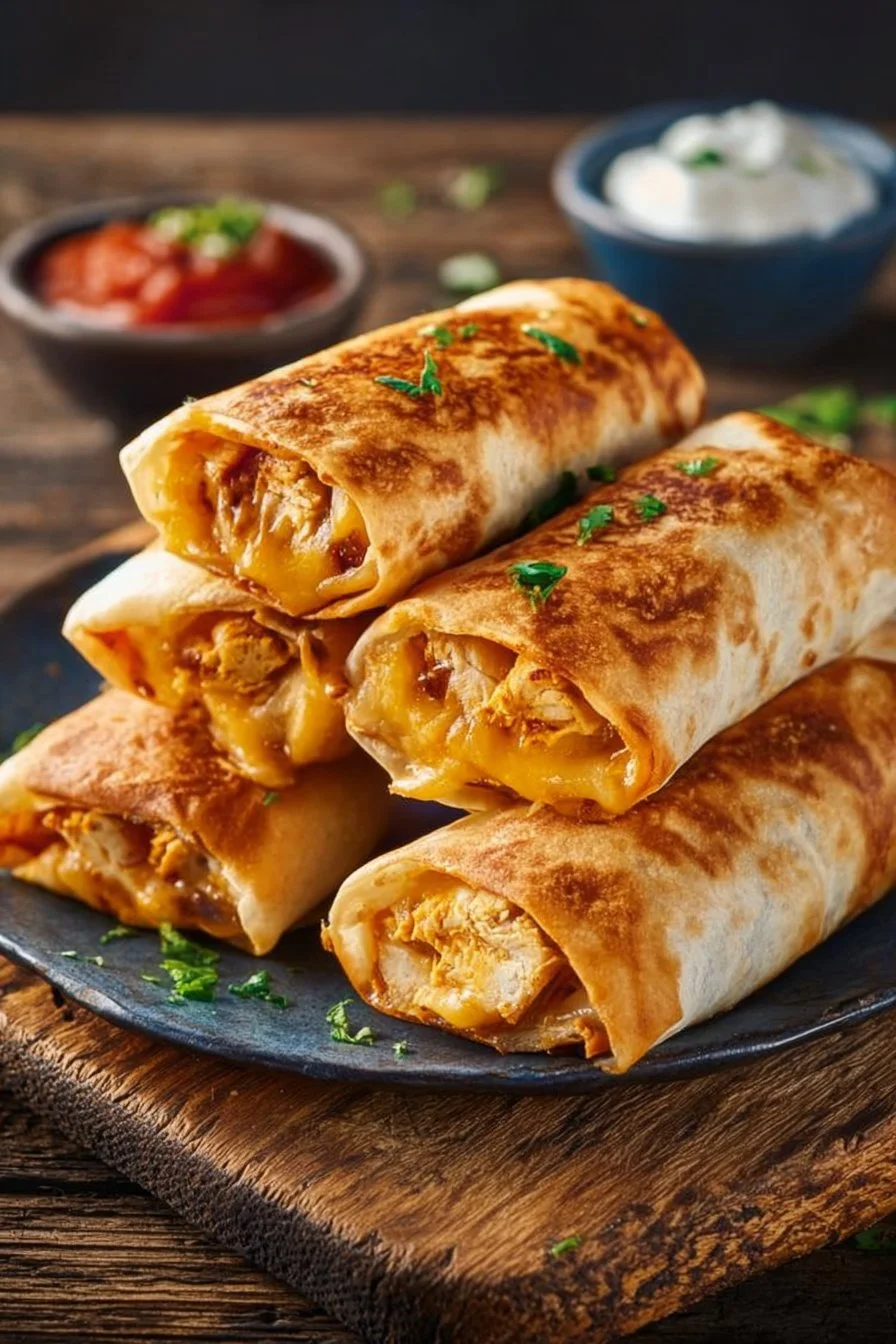 Crispy baked chicken chimichangas served with salsa and toppings