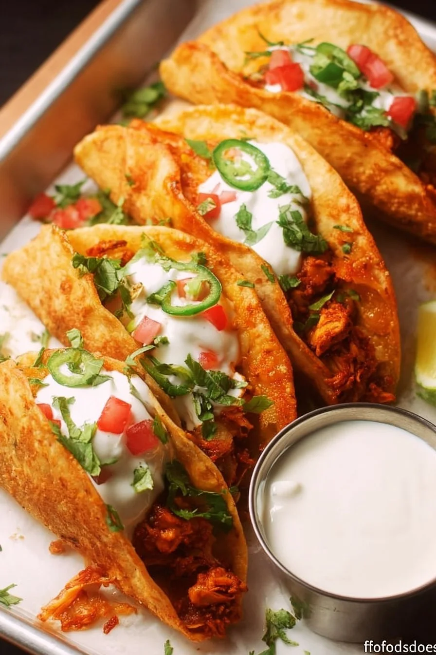 Crispy baked chicken tacos garnished with fresh toppings
